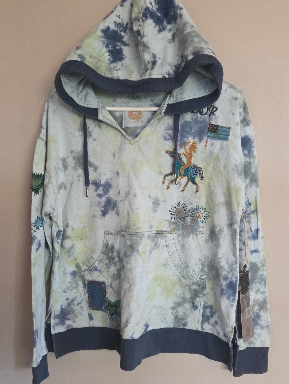 DDR Tie-Dye Hooded Sweatshirt with Embroidered Motif - Blue/Green